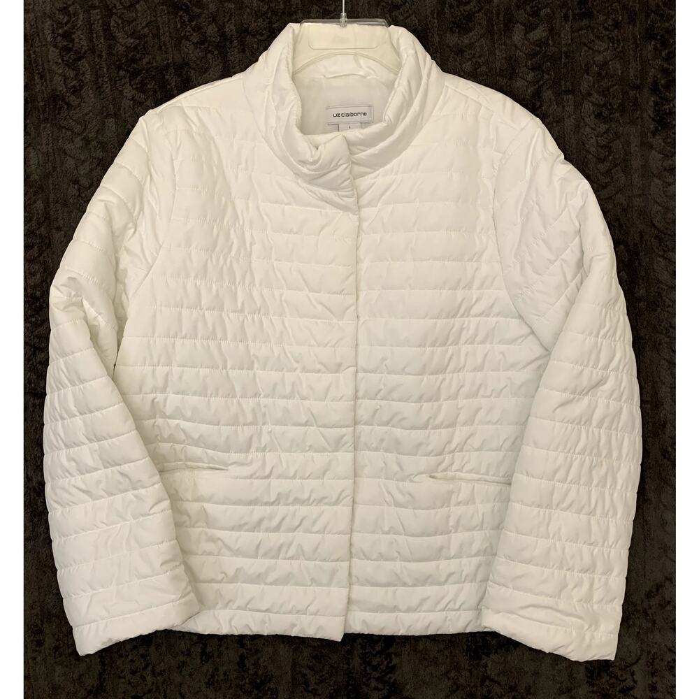 White Quilted Snap Front Light Puffer Jacket Liz Claiborne Women's Size L